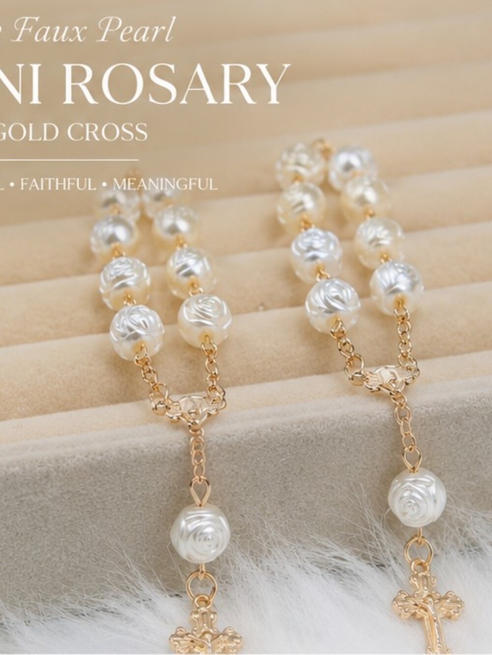Ivory Faux Pearl Mini Rosary Beads with Gold Cross – Baptism / Communion Favor